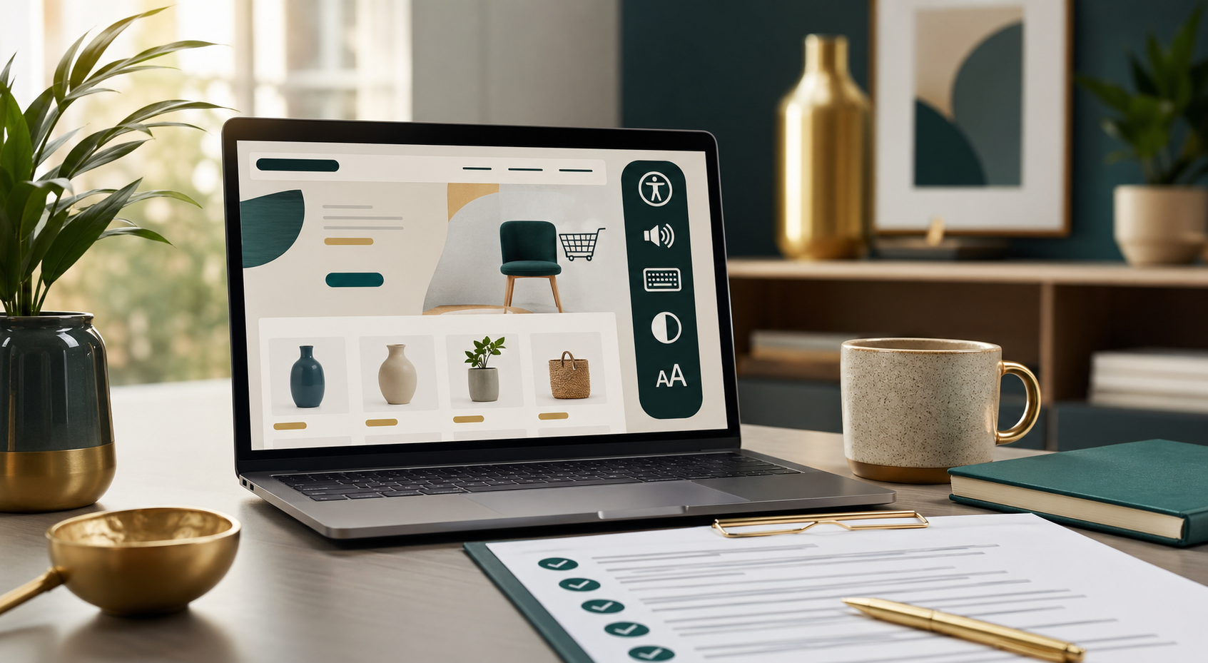 Laptop showing an accessibility-minded ecommerce interface beside a website checklist on a desk