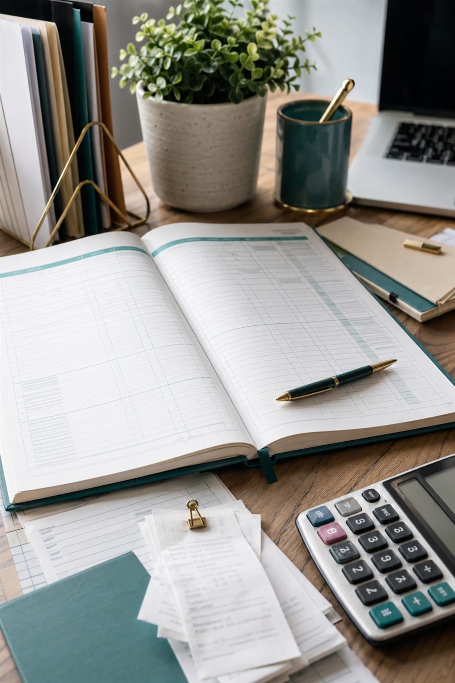 Open accounting ledger with calculator, receipts, and small business planning materials on a desk