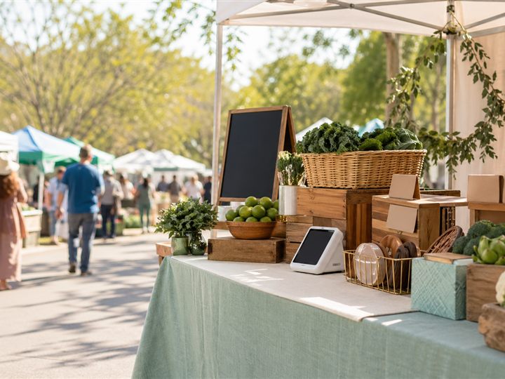 Farmers market vendor booth with produce, display crates, a card reader, and shoppers in the background