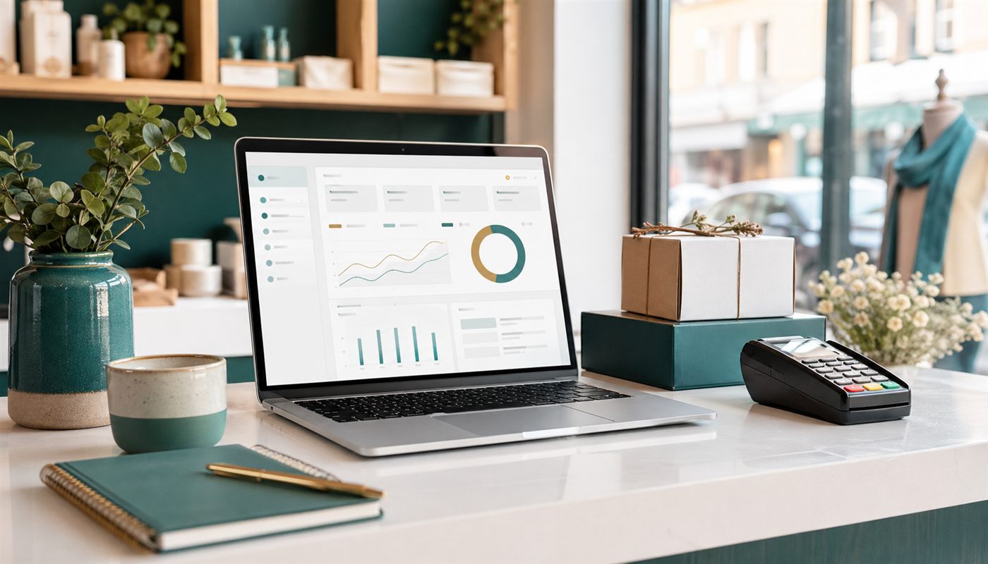 Small business storefront counter with a laptop dashboard, product packaging, payment terminal, and planning notebook