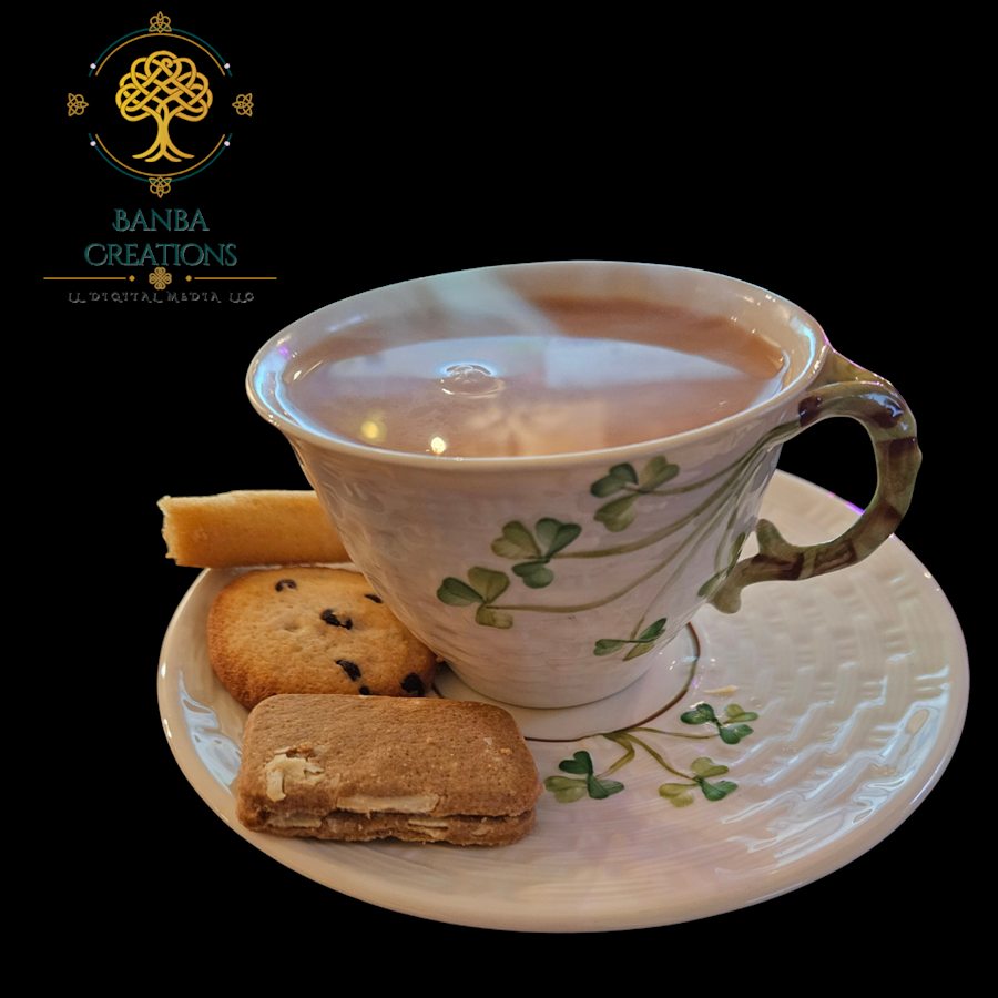 Banba Creations branded cup of tea and biscuits for a cosy business resources reading session