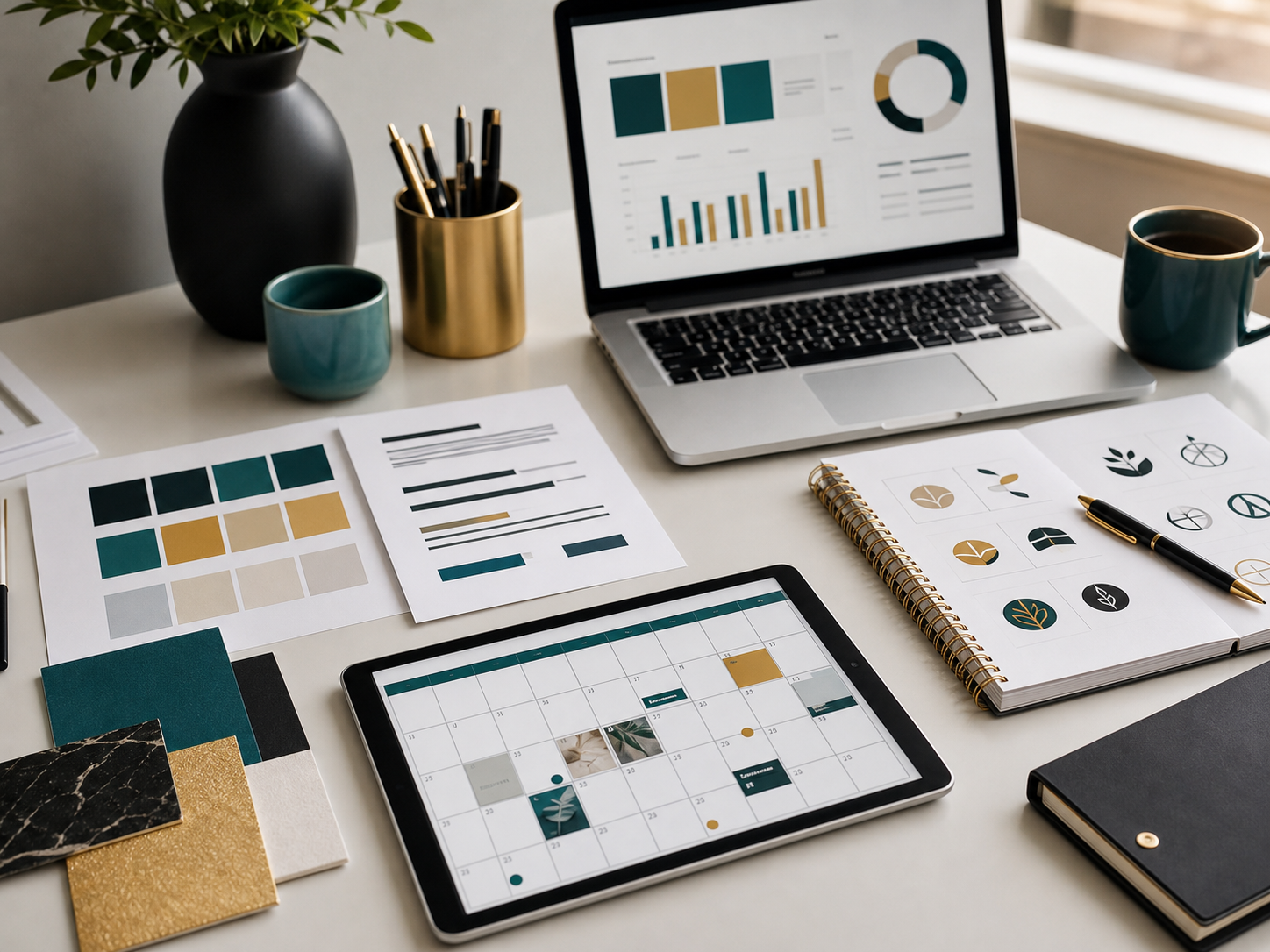 Small business brand kit with color palette, logo samples, content calendar, and marketing analytics tools
