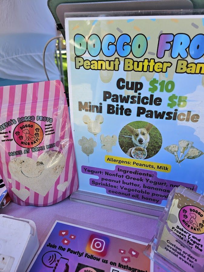Doggo Nice Day product sign showing product options, prices, ingredients, and allergen information