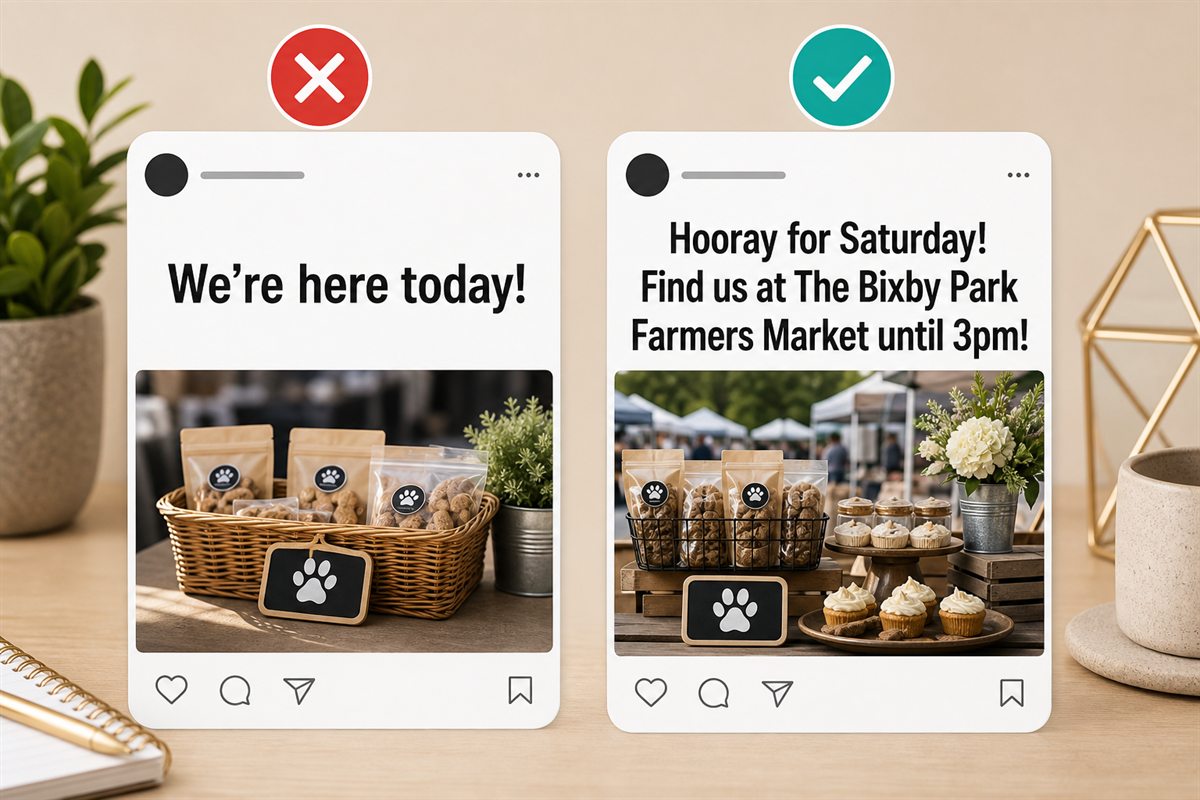 Side-by-side social media post comparison showing a vague event post marked with an X and a detailed farmers market post marked with a check