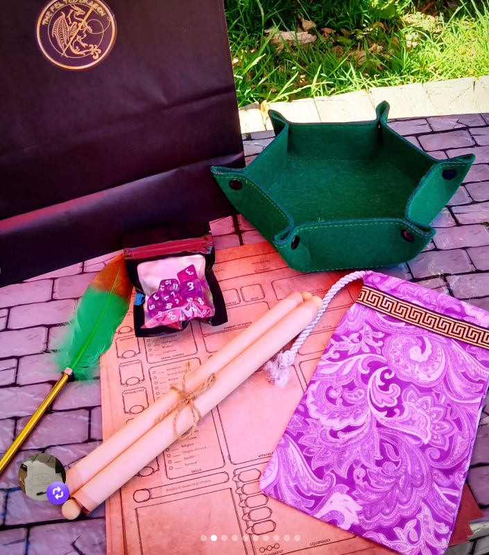 Handmade RPG beginner gaming set with dice, rolling tray, pouch, parchment sheet, scrolls, and quill pen