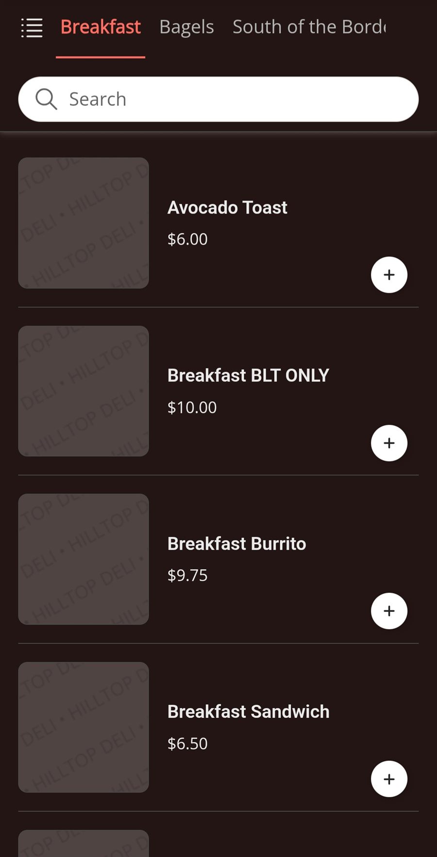 Toast Restaurant Ordering Platform deli menu screenshot with no product photos