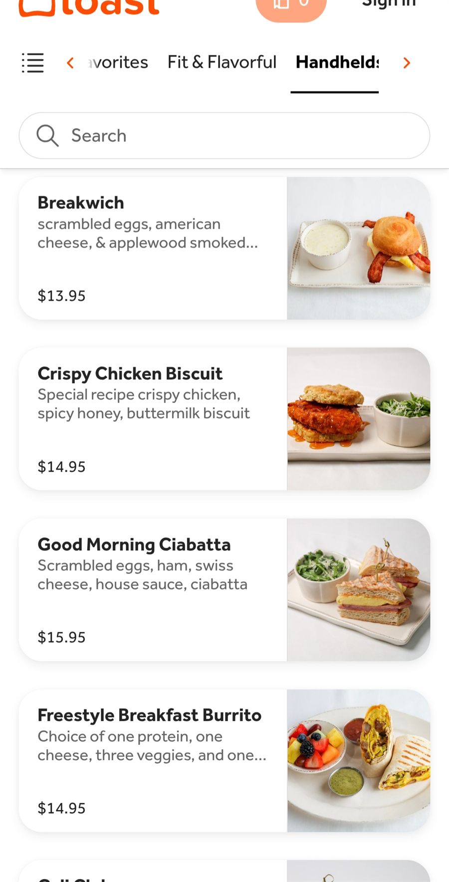 Toast Restaurant Ordering Platform deli menu screenshot with professional product photos