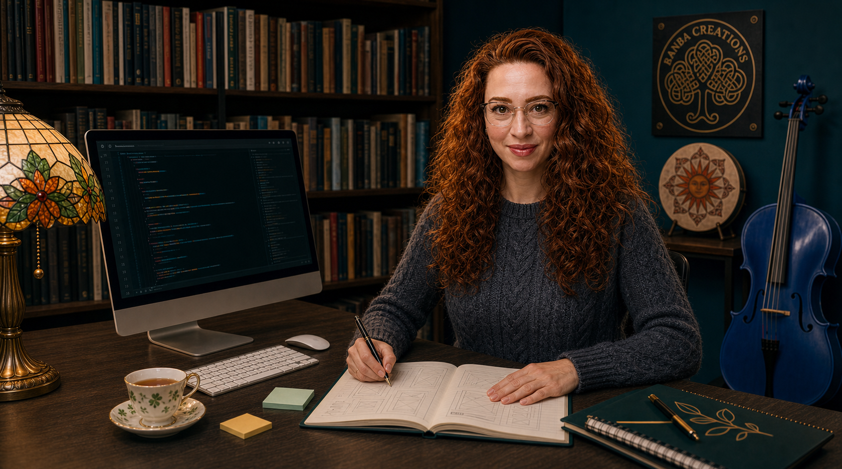 AI-generated image of Liza in a home office library with bookshelves behind her
