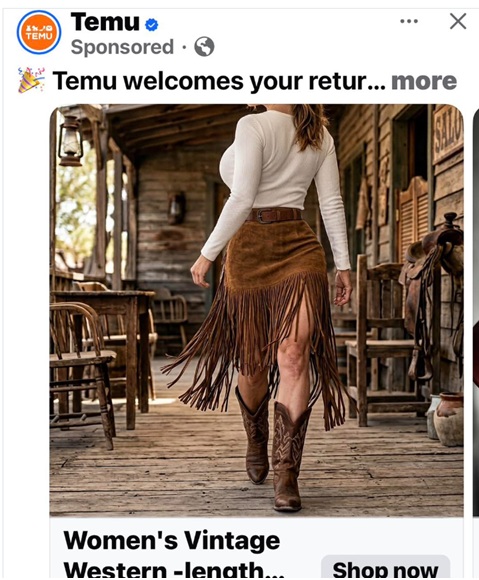 Another Temu sponsored ad screenshot showing an AI-generated product image fail