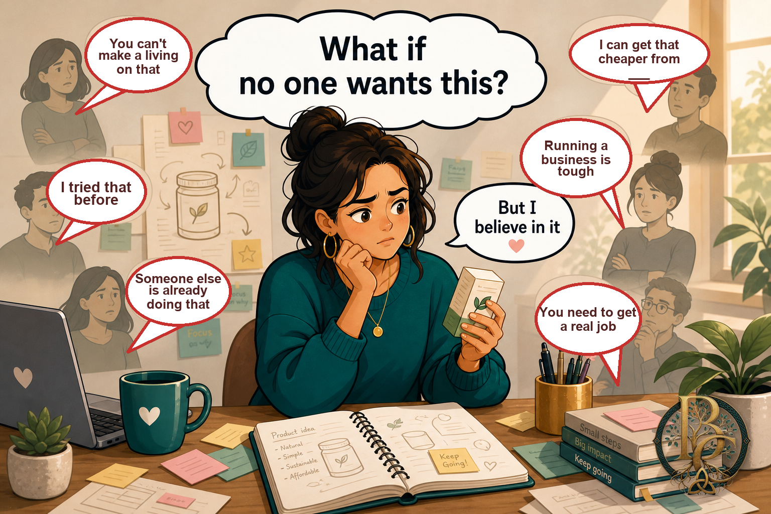 Woman doubting whether anyone wants her product idea in a hobby business startup plan meme