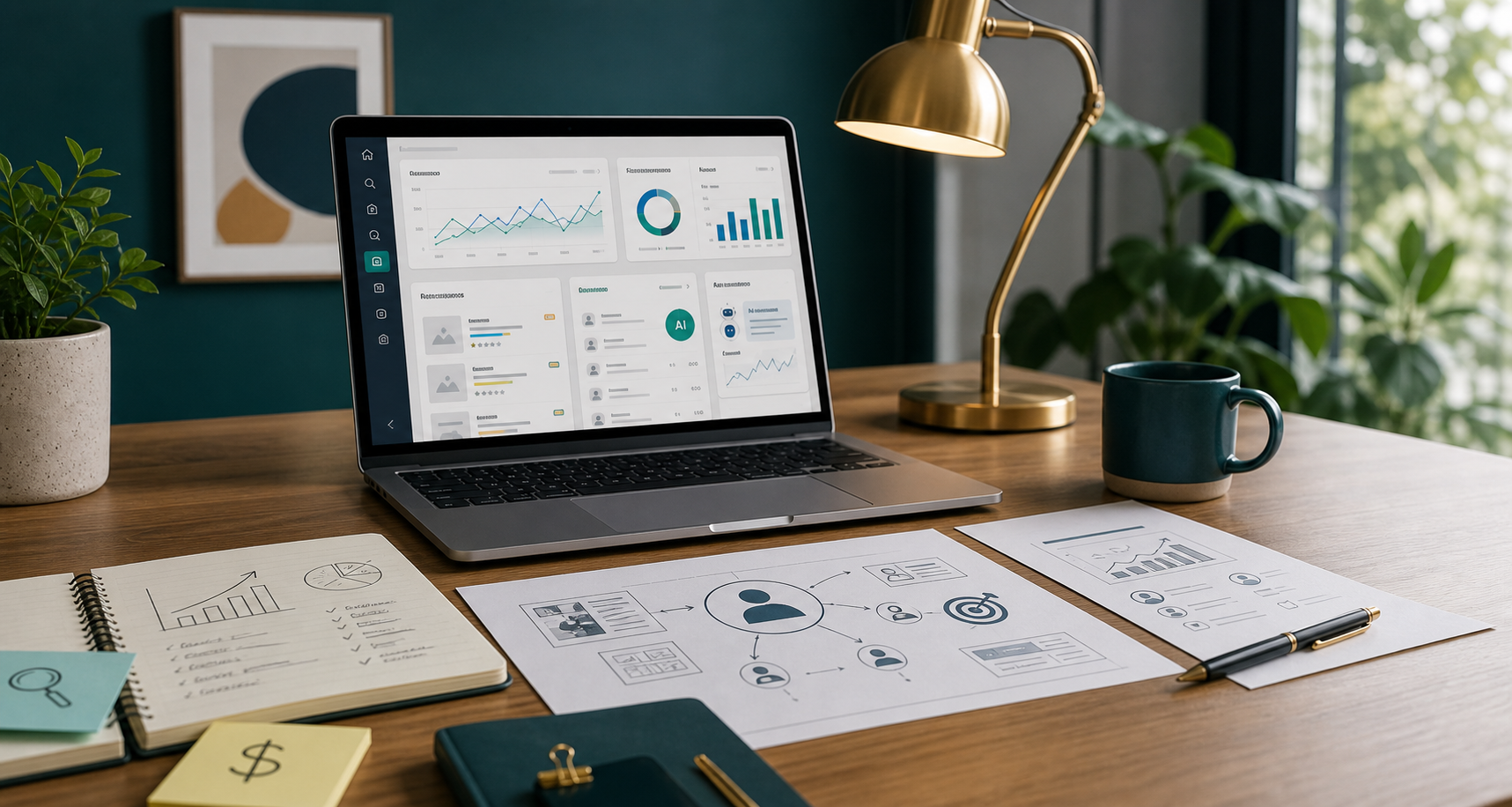 Paid advertising for small business strategy desk with a laptop showing advertising dashboards, campaign planning notes, analytics charts, and marketing materials.