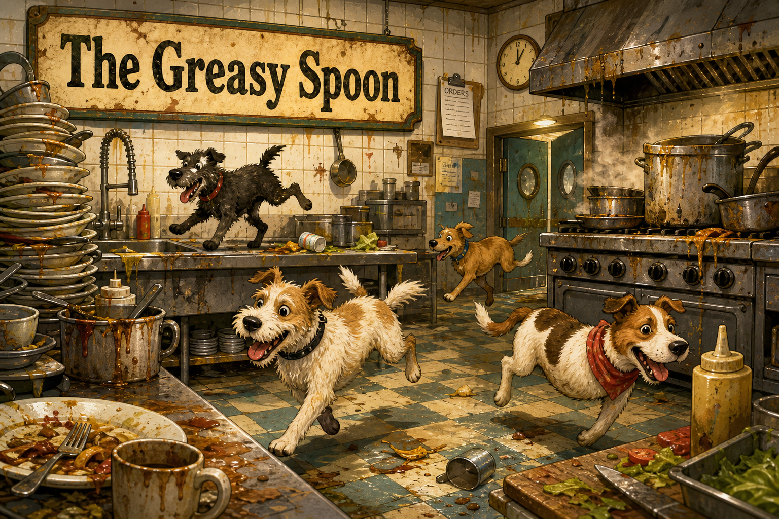 SEO for small business example: a chaotic dirty restaurant kitchen with a sign reading The Greasy Spoon and three-legged dogs running around.