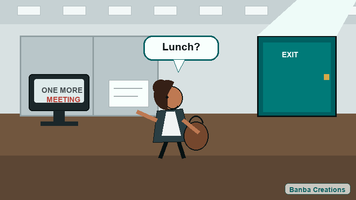 Animated illustration for a hobby business startup plan showing a woman backing toward an exit door with the text I'm going to need to extend my lunch break into not working here anymore